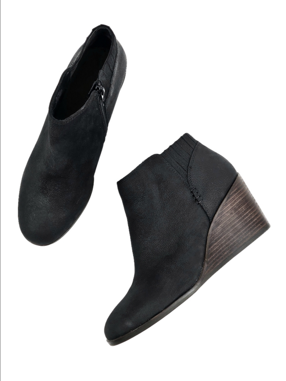 Lucky Brand Zorla Black Leather Round Toe Side Zio Wedge Heel Ankle Bootie